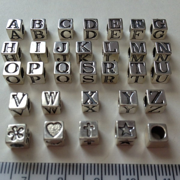 Sterling Silver Letter Beads, 5.5mm, Cube Bead,Large Hole,Sterling Silver Initial Bead,Personalize,1 Piece, Letter, Initial, Symbol, Number