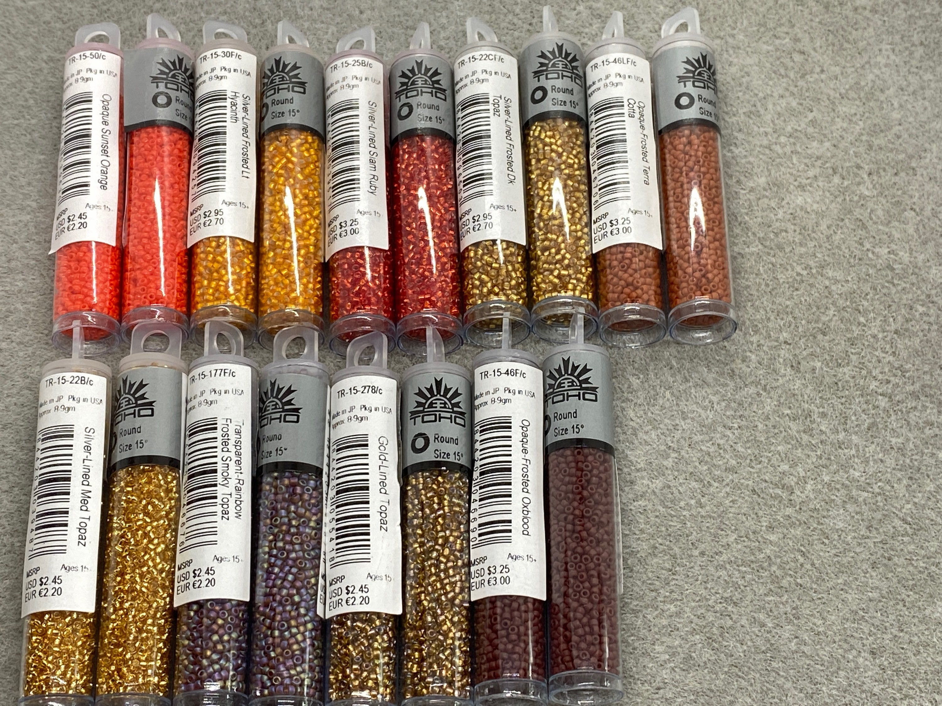 TOHO Size 15/0, Glass Seed Beads (9 grams), Sunset Orange,Siam, Dark Topaz, Terra Cotta, Frosted Smoky Topaz, Medium Topaz, Jewelry Supplies