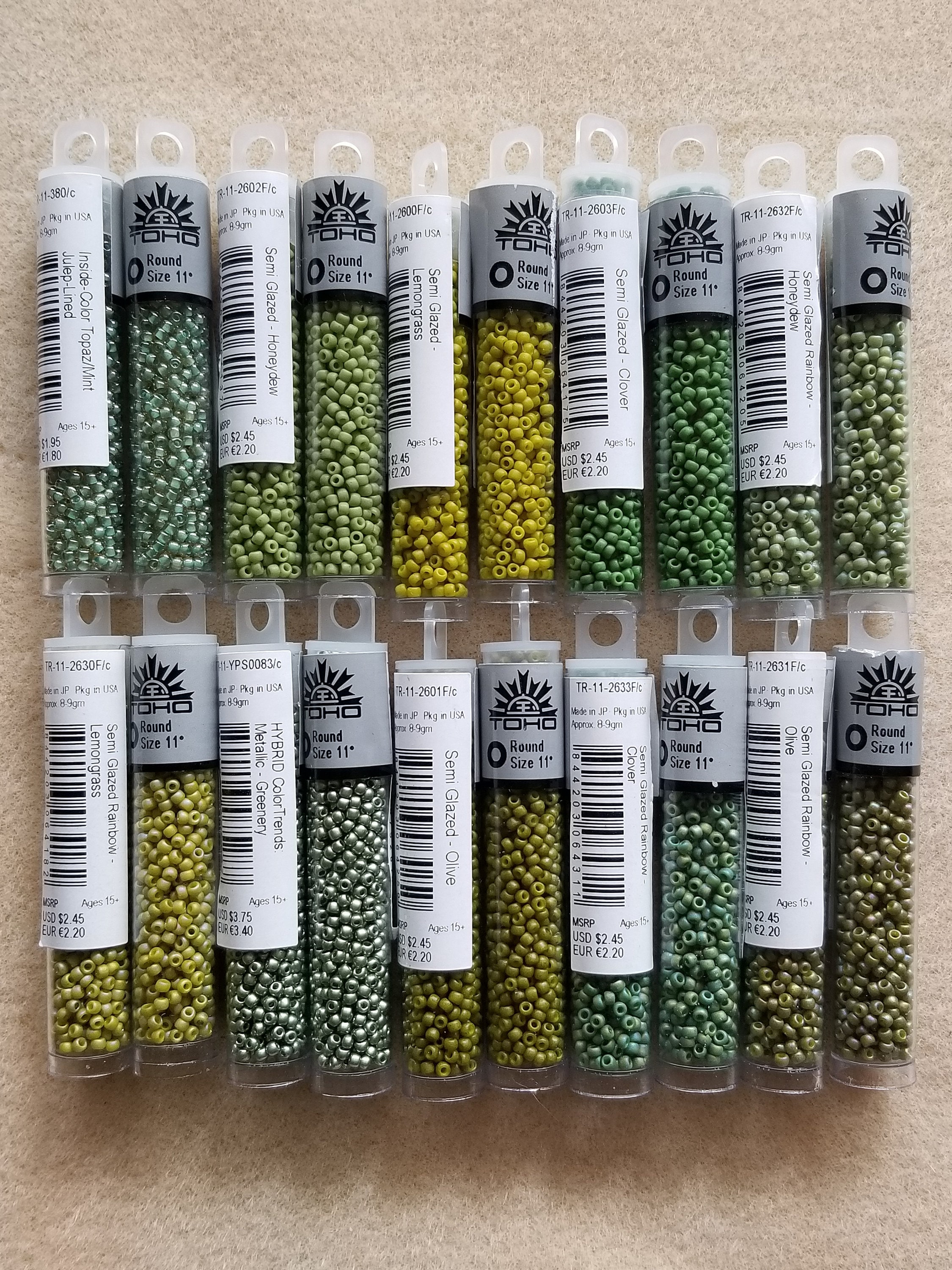 NEW-TOHO Seed Beads- 11/0- 2.5" Tube-9 grams-Greens-Lemongrass-M…