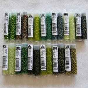 TOHO Seed Beads- 8/0 Seed Beads, 3mm Seed Beads, Qty 8 grams approx. 350 beads,Greens and Metallic Iris, jewelry supplies