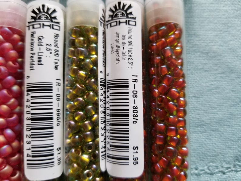jewelry supplies Qty 9 grams 60 Seed Beads TOHO Seed Beads 3.5mm Beads Burnt Orange,Metallic Blue,Ruby 135 beads,Peridot approx