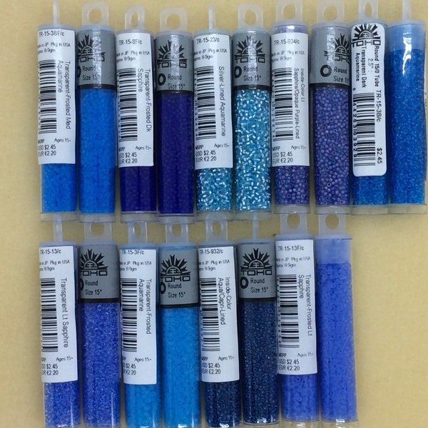 TOHO Size 15/0, Seed Beads (9 grams), Blues, Aquamarine, Dark Aquamarine, Dark Sapphire, Light Sapphire, Medium Aquamarine, DIY Jewelry