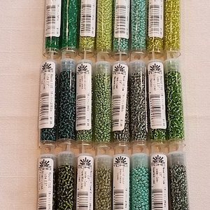 TOHO Seed Beads- 11/0- 2.5&quot; Tube- 9 grams-Japanese Seed Beads- Greens-Dark Peridot- Teal- Turquoise- Mint Green- Olive-Sour Apple-Supplies