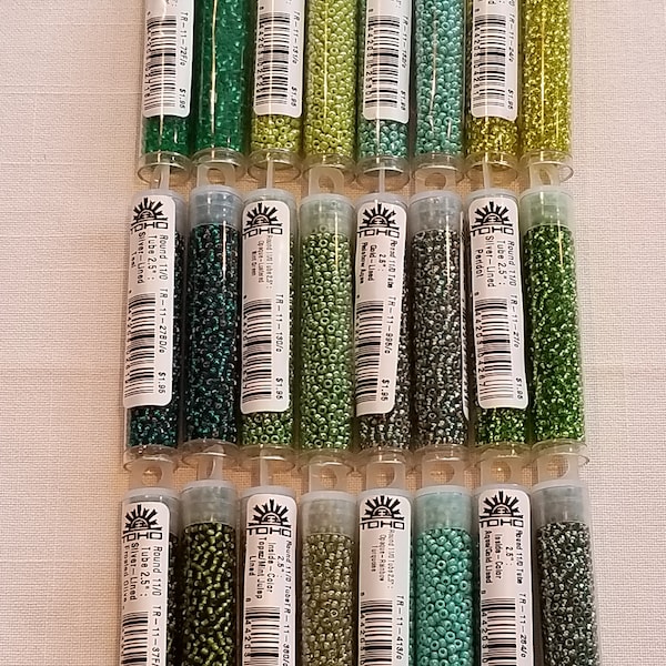 TOHO Seed Beads- 11/0- 2.5" Tube- 9 grams-Japanese Seed Beads- Greens-Dark Peridot- Teal- Turquoise- Mint Green- Olive-Sour Apple-Supplies