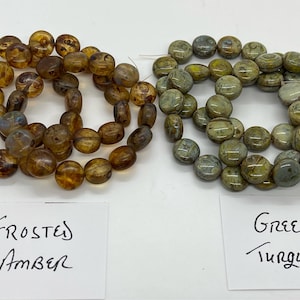 Czech Glass Puffy Lentil Beads (15) pieces per strand 10mm, Glass Lentil Beads, Frosted Amber, Green Swirl Turquoise, Jewelry Supplies,Beads