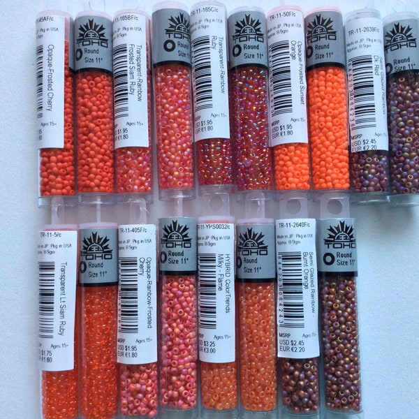 TOHO Seed Beads,11/0, 2.5" Tube,9 grams, Frosted Cherry, Sunset Orange, Lt Siam Ruby, Rainbow Ruby, Milky Flame, Jewelry Supplies