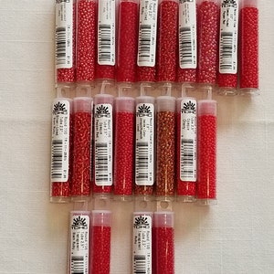 TOHO Seed Beads- 11/0 size 2.5&quot; Tube- 9 grams-Japanese Seed Beads- Reds-Cherry- Frosted Ruby- Siam Ruby- Opaque Cherry-Pepper Red