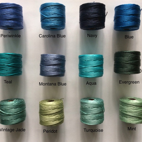 S-Lon Tex 400 Beading Cord, Kumihimo, Macrame, Crochet Cord, 0.9mm Diameter, 35 Yard Spool, Blues and Greens, Choice of Colors