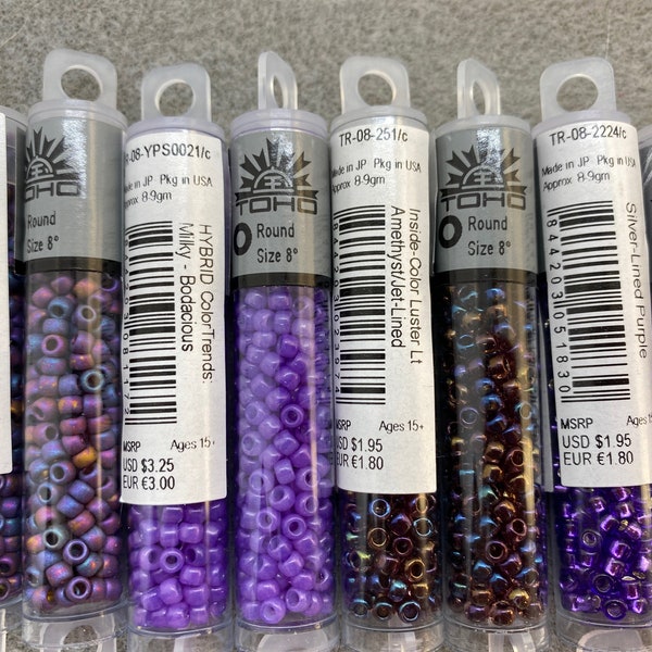 TOHO- 8/0 Seed Beads, 3mm Seed Beads, 9 grams,Lt Amethyst,Silver Lined Purple,Frosted Grape Mist,Milky Bodacious,Mardi Gras,jewelry supplies