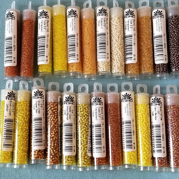 TOHO Seed Beads- 11/0 size 2.5" Tube, Japanese Seed Beads, Lemon, Topaz, Dark Topaz, Oxblood, Rainbow Topaz, Dandelion,Copper Lined Marigold