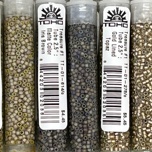 Size 11/0, Delica,TOHO Cylinder Seed Beads,(9 grams),Gold Lined Topaz,Iris Brown, Frosted Khaki, Jewelry Supplies