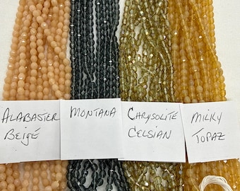 Cuentas de vidrio checo de 4 mm pulidas al fuego: Beige alabastro, Topacio lechoso, Azul Montana, Celsian crisolita, Sierra Madre mate, Jengibre de cola larga
