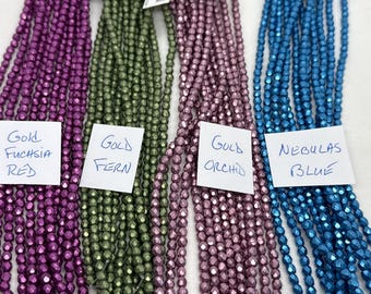Cuentas de cristal checo de 4 mm pulidas al fuego: Towny Port metálico, Arcadia, Peonía azul marino, Super Violeta, Merlot, Zapatilla de ballet, Helecho, Arce otoñal