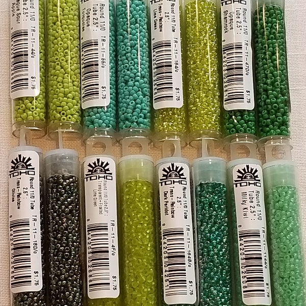 TOHO Seed Beads- 11/0, 2.5" Tube- 9 grams-Greens, Sour Apple, Turquoise, Shamrock, Milky Kiwi, Lime Green, Beach Glass, Jewelry Supplies