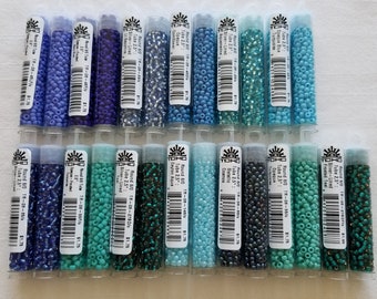 TOHO 8/0 Seed Beads, 3mm Seed Beads, Qty 9 grams, 350 beads,Blues and Turquoise,Metallic Riverside,Airy Blue,Serenity, jewelry supplies