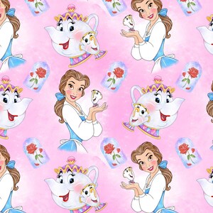 May include: A pink background with a repeating pattern of Belle from Beauty and the Beast, Mrs. Potts, Chip, and a rose in a glass dome.