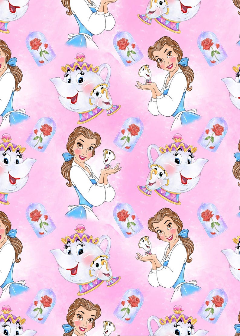 May include: A pink background with a repeating pattern of Belle from Beauty and the Beast, Mrs. Potts, Chip, and a rose in a glass dome.