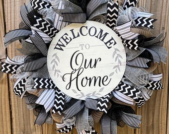 Welcome Wreath, Deco Mesh Wreath, Gray and Black Wreath, Front Door Decor, Year-Round Wreath, Neutral Color Wreath, Handcrafted Wreath