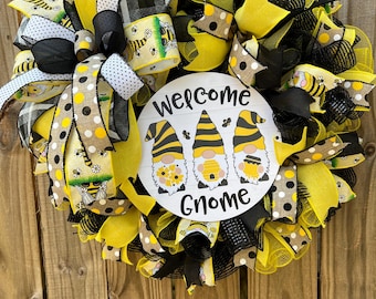 Bee Wreath, Deco Mesh Wreath, Gnome Wreath, Welcome Wreath, Front Door Decor, Yellow and Black Wreath, Gnome Decor, Bumblebee Wreath