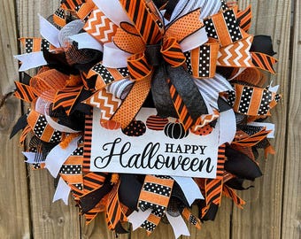 Halloween Wreath for Front Door, Orange and Black Deco Mesh Halloween Wreath, Happy Halloween Wreath
