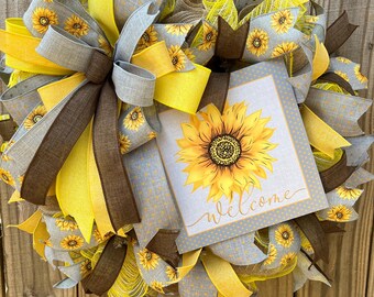 Sunflower Wreath, Deco Mesh Wreath, Welcome Wreath, Front Door Wreath, Yellow and Gray Wreath, Sunflower Home Decor, Summer Wreath