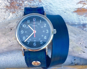 Navy Blue Wrap Watch-Timex-Leather Watch-Fossil-Bracelet-Handmade Watch-Sundance-Rugged-Throwback-Bohemian-Fine Leather