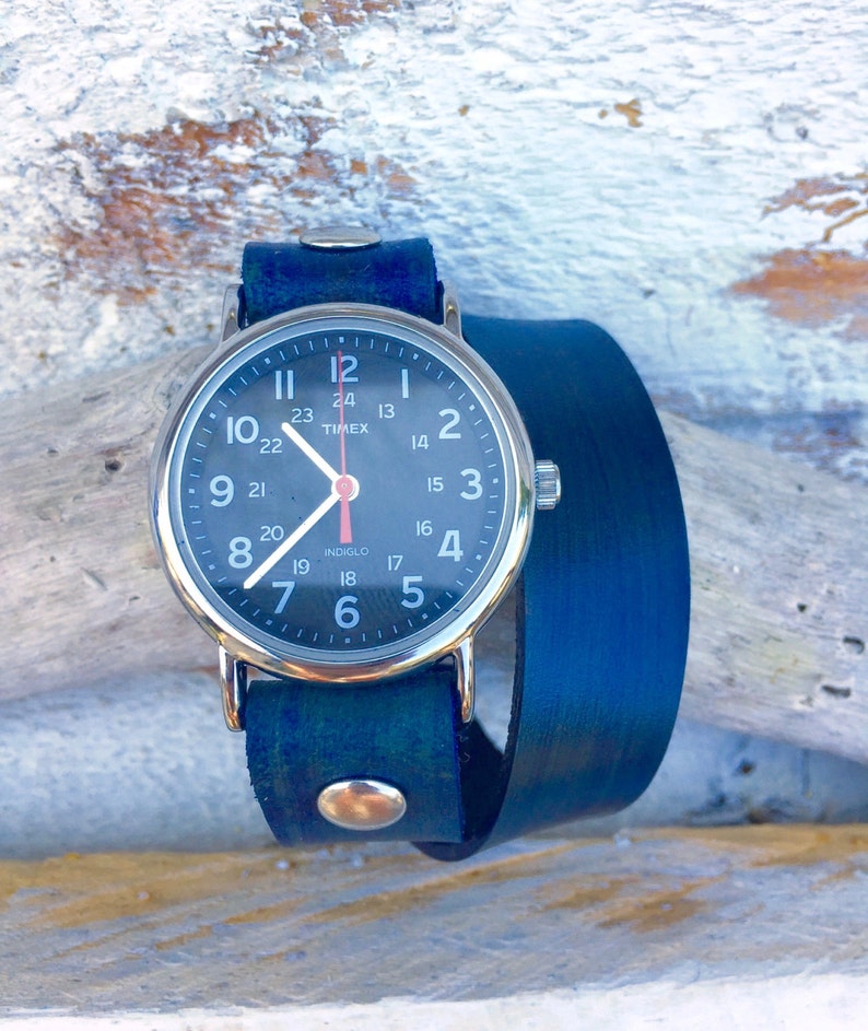 Navy Blue Wrap Watch-Timex-Leather Watch-Fossil-Bracelet-Handmade Watch-Sundance-Rugged-Throwback-Bohemian-Fine Leather image 1