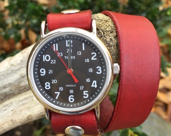 Red Wrap Watch-Timex-Leather Watch-Fossil-Bracelet-Handmade Watch-Sundance-Rugged-Throwback-Bohemian-Fine Leather