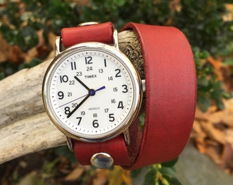 Red Wrap Watch-Timex-Leather Watch-Fossil-Bracelet-Handmade Watch-Sundance-Rugged-Throwback-Bohemian-Fine Leather