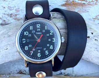 Black Wrap Watch-Timex-Leather Watch-Fossil-Bracelet-Handmade Watch-Sundance-Rugged-Throwback-Bohemian-Fine Leather