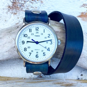 Navy Blue Wrap Watch-Timex-Leather Watch-Fossil-Bracelet-Handmade Watch-Sundance-Rugged-Throwback-Bohemian-Fine Leather image 2