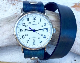 Navy Blue Wrap Watch-Timex-Leather Watch-Fossil-Bracelet-Handmade Watch-Sundance-Rugged-Throwback-Bohemian-Fine Leather