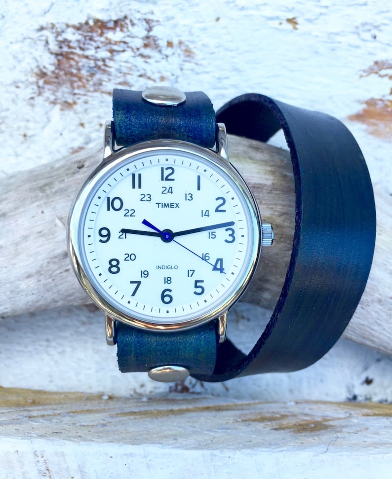 Navy Blue Wrap Watch-Timex-Leather Watch-Fossil-Bracelet-Handmade Watch-Sundance-Rugged-Throwback-Bohemian-Fine Leather image 2
