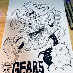 Disegno di Luffy Gear 5 – Illustrazione fatta a mano in stile manga | Fan art di One Piece su carta – Disegno di Monkey D. Luffy