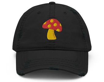 Embroidered Mushroom Hat: Distressed Cottagecore Dad Hat