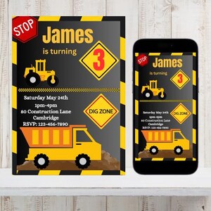 Boy&#39;s Construction Birthday Theme, Digital Birthday Invitation Template, Mobile Invitation, e-invite Invitation, Canva