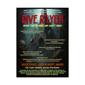 Poster di HP Lovecraft - Stampa turistica horror vintage Dive R&#39;Lyeh - Arte murale del mito di Cthulhu