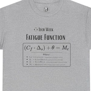 May include: Gray t-shirt with the text "TECH WEEK FATIGUE FUNCTION" and a mathematical equation. The equation includes variables for caffeine, sleep deficit, and missed cues. The shirt also lists what each variable represents.