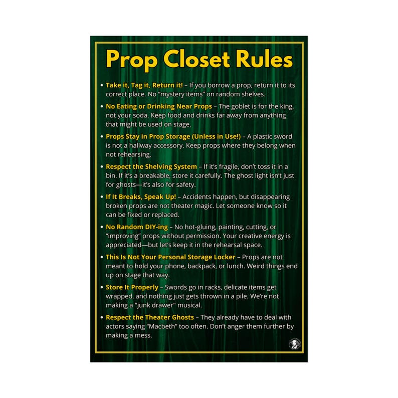 Backstage Rules Theater Prop Closet Rules Poster: Drama Classroom Decor - Etsy