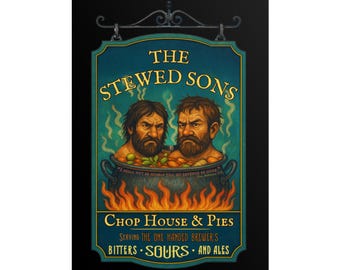 William Shakespeare Pub Sign: Titus Andronicus Parody, The Stewed Sons Tavern, Wall Art