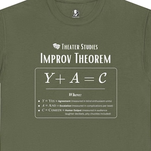 Może przedstawiać: Zielona koszulka z napisem "Theater Studies IMPROV THEOREM" i wzorem: Y + A = C. Tekst poniżej wyjaśnia zmienne, w tym "Humor Output" mierzone w decybelach śmiechu publiczności.