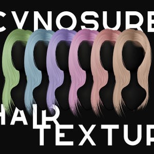 May include: Six different colored wigs with long, straight hair. The wigs are in shades of green, blue, purple, pink, and blonde. The wigs are arranged in a row, with the green wig on the left and the blonde wig on the right.