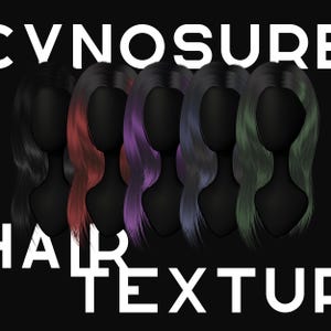 May include: A graphic featuring five mannequin heads with long, flowing hair in various colors: black, red, purple, blue, and green. The word "CYNOSURE" is at the top, and "HAIR TEXTURE" is at the bottom in white text against a black background.