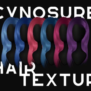 May include: Five different colored hair textures, including blue, pink, red, purple, and light blue. The hair is long and straight, and the ends are slightly curled. The hair is styled in a way that makes it look like it is flowing in the wind. The hair is set against a black background.