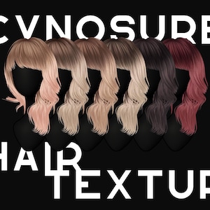 May include: Six different hair textures, including blonde, brown, and red, are shown in a row. The hair is styled in a wavy, layered look with bangs.