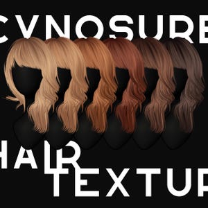 May include: Five different hair textures in blonde, light brown, red, brown, and dark brown colors. The hair is styled in a long, layered, wavy style. The hair is on a mannequin head.