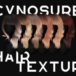 May include: Six different hair textures, including black, blonde, and red, are shown on mannequins. The hair is styled in a wavy, layered look. The text "CVNOSURE HAIR TEXTUP" is displayed at the top of the image.