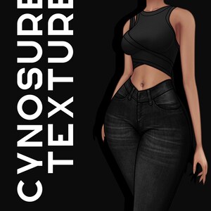 May include: A woman wearing a black crop top with a criss-cross design and black jeans. The text "CYNOSURE TEXTURE" is visible on the left side of the image.
