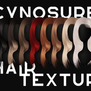 May include: A set of 10 hair textures in various colors, including black, brown, red, blonde, and white. The textures are displayed on a black background with the text "CYNOSURE HAIR TEXTURE" at the top.