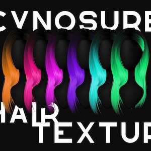May include: Six different colored hair textures, each with a different color: orange, pink, purple, blue, turquoise, and green. The hair textures are all long and flowing.